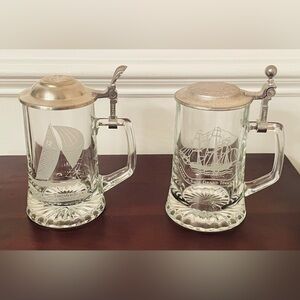 Striking Vintage Nautical Beer Steins Pair ALWE Glass Mugs w/ Pewter Lids